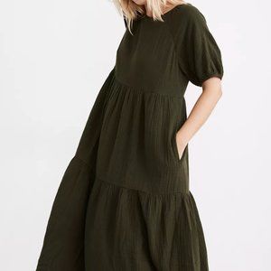 Madewell Short-sleeve Cattail Tiered Dress Forest Green
